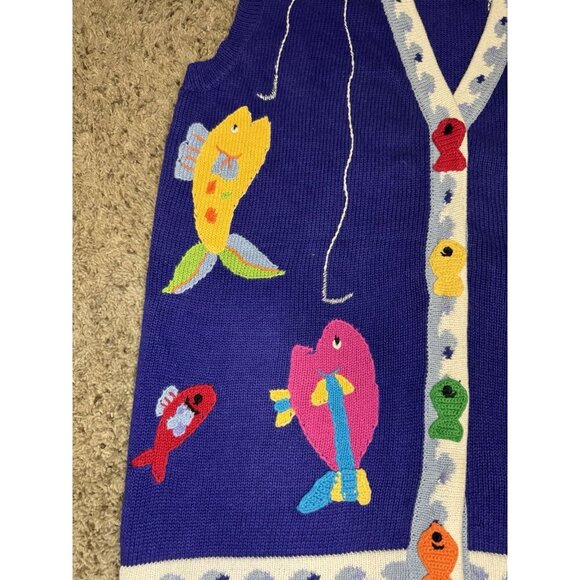 VTG 90s BEREK Knit Sweater Vest Fishermen Fish 3D Novelty Teacher Super Cute M - Picture 6 of 11
